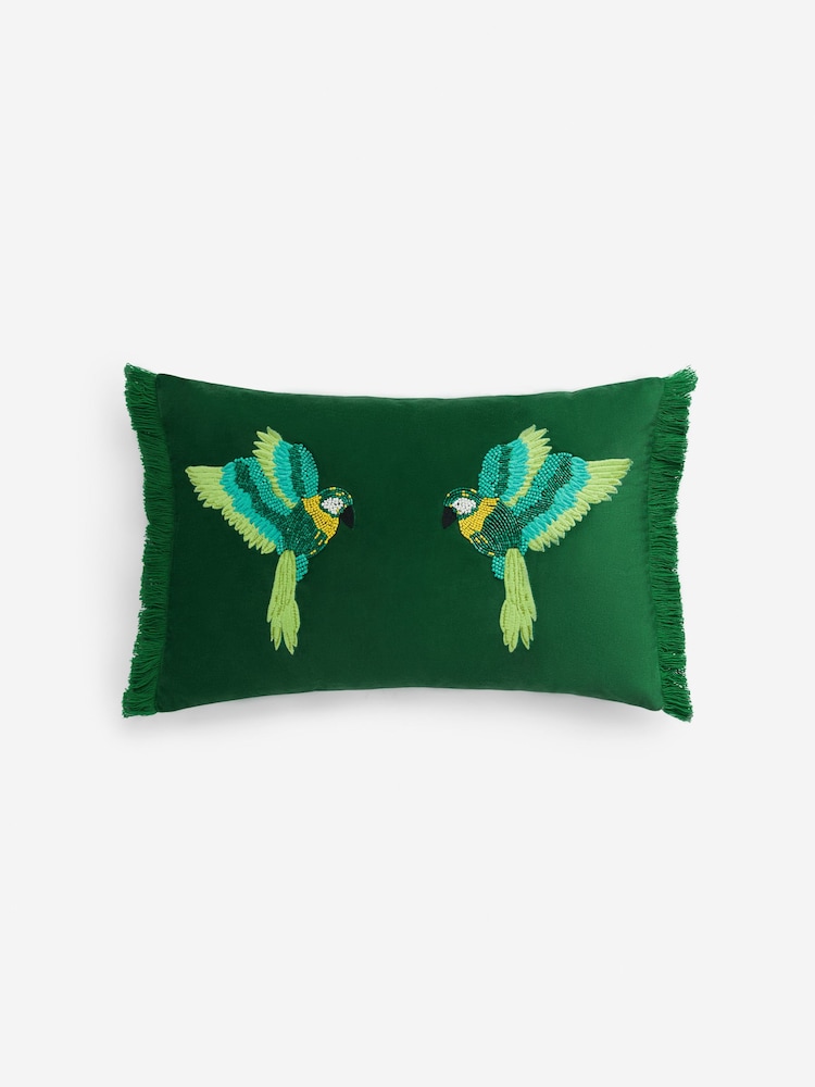 Bright Green Velvet Beaded Parrot Oblong Cushion - Image 5 of 7
