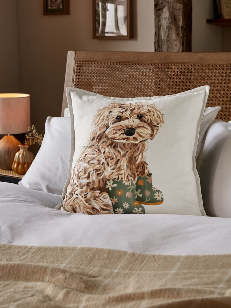Sage Green Charlie Cockapoo Floral Boots 43 x 43cm Cushion - Image 1 of 6