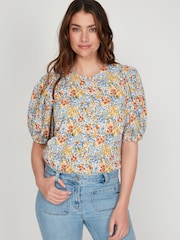 M&co Geblümte Bluse mit Puffärmeln, Blau - Bild 1 von 6