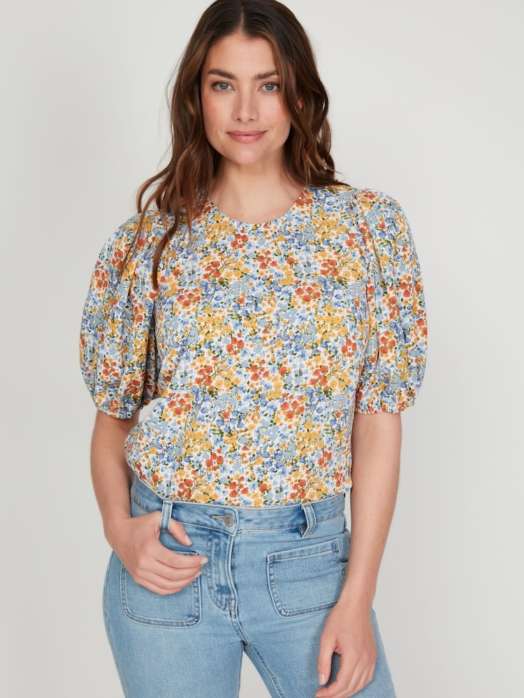 M&co Geblümte Bluse mit Puffärmeln, Blau - Bild 1 von 6