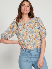 M&co Geblümte Bluse mit Puffärmeln, Blau - Bild 4 von 6