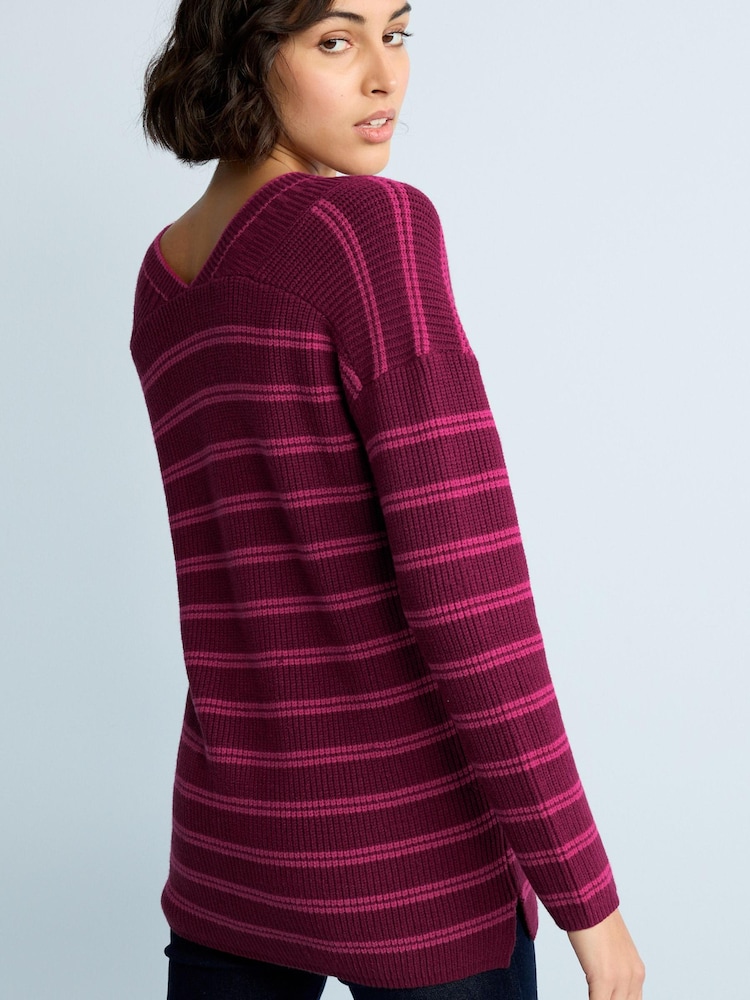 Berry Red Stripe V-Neck Tunic Jumper - Image 2 of 5 Berry Red Stripe V-Neck Tunic Jumper - Image 2 of 5