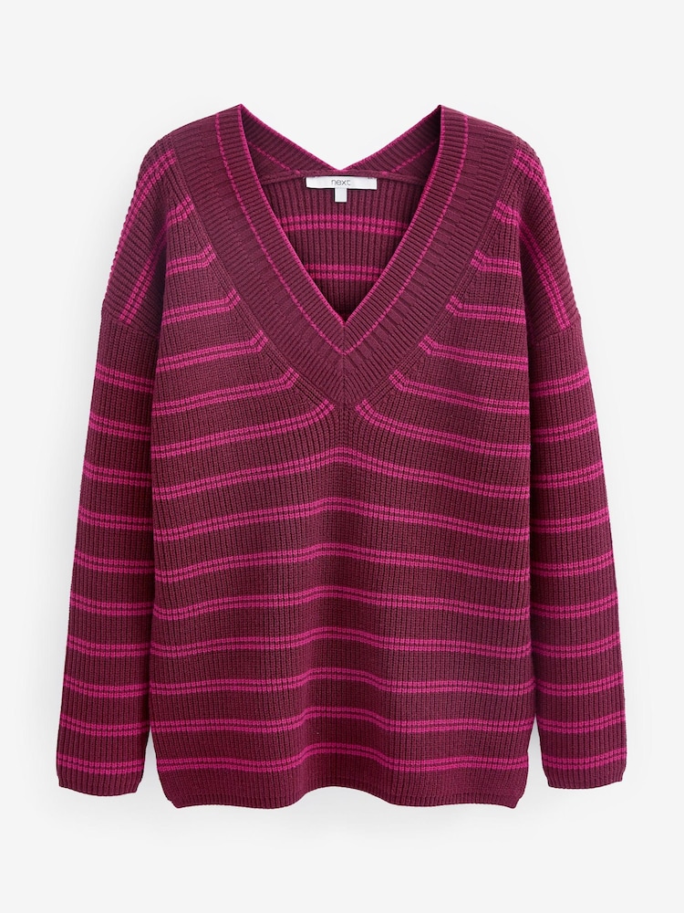Berry Red Stripe V-Neck Tunic Jumper - Image 5 of 5 Berry Red Stripe V-Neck Tunic Jumper - Image 5 of 5