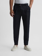 Reiss Navy Crease Linen Belted Tapered Fit Trousers - Image 1 of 5