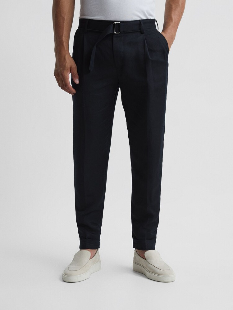 Reiss Navy Crease Linen Belted Tapered Fit Trousers - Image 1 of 5