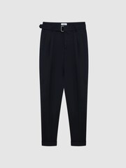 Reiss Navy Crease Linen Belted Tapered Fit Trousers - Image 2 of 5