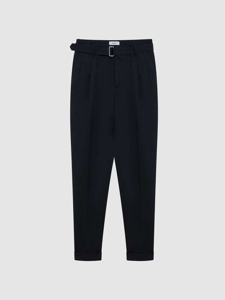 Reiss Navy Crease Linen Belted Tapered Fit Trousers - Image 2 of 5