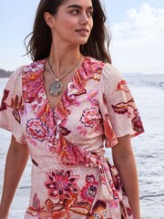 Pink Floral Wrap Midi Summer Dress - Image 4 of 5