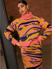 Chi Chi London Brown Roll Neck Abstract Stripe Jumper - Image 3 of 4