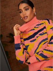 Chi Chi London Brown Roll Neck Abstract Stripe Jumper - Image 4 of 4