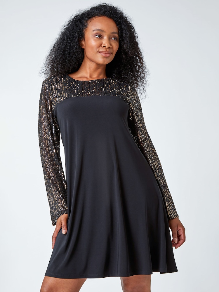 Roman Metallic Petite Sequin Shift Stretch Dress - Image 1 of 5