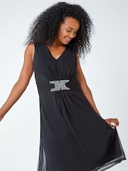 Roman Black Petite Embellished Waist Mesh Stretch Dress - Image 1 of 5