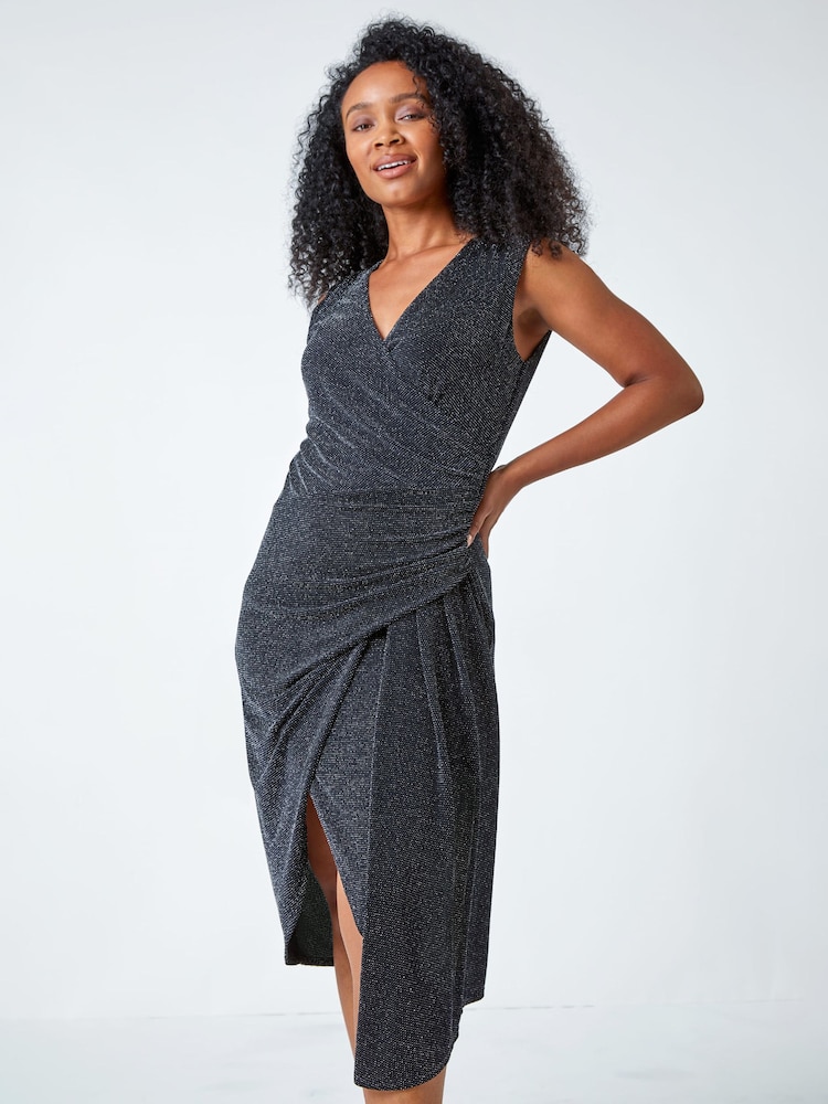 Roman Metallic Petite Ruched Wrap Stretch Dress - Image 1 of 5