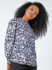 Roman Purple Petite Floral Print Gathered Neck Top - Image 1 of 5