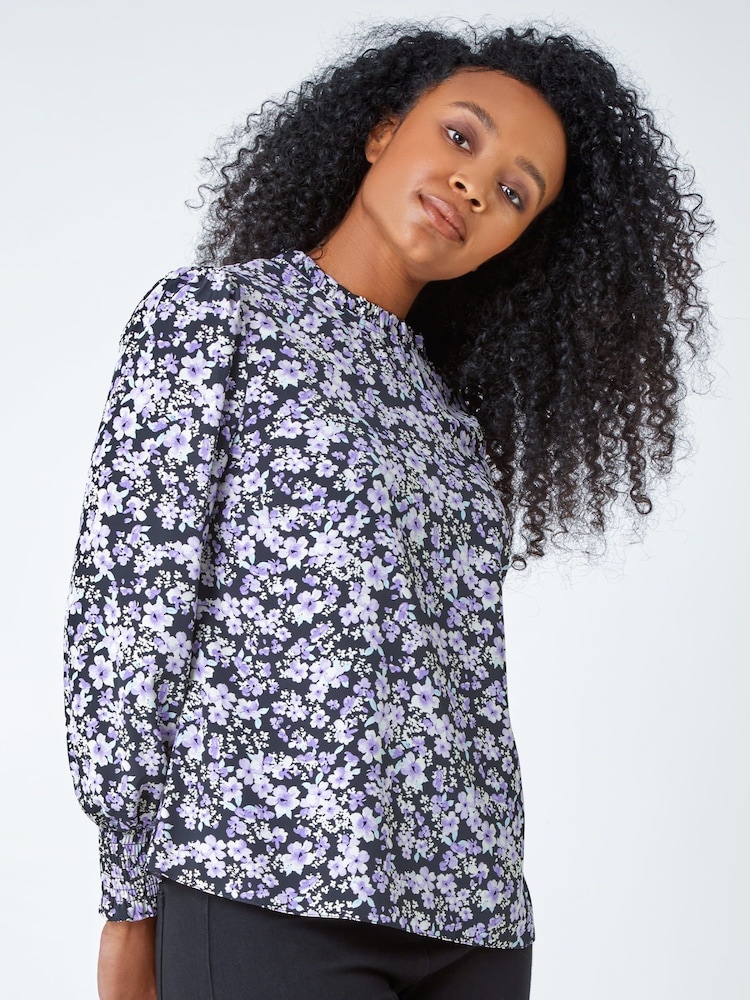 Roman Purple Petite Floral Print Gathered Neck Top - Image 1 of 5