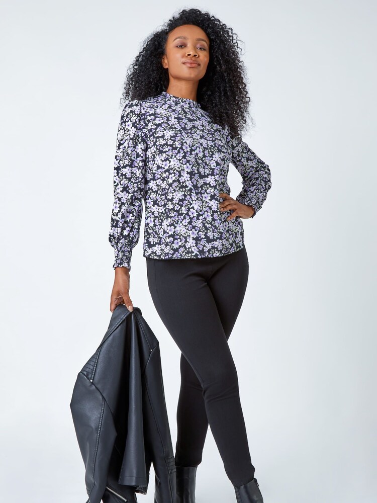 Roman Purple Petite Floral Print Gathered Neck Top - Image 2 of 5