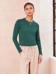 Green Double Layer Ribbed Long Sleeve Crew Neck Top - Image 1 of 6