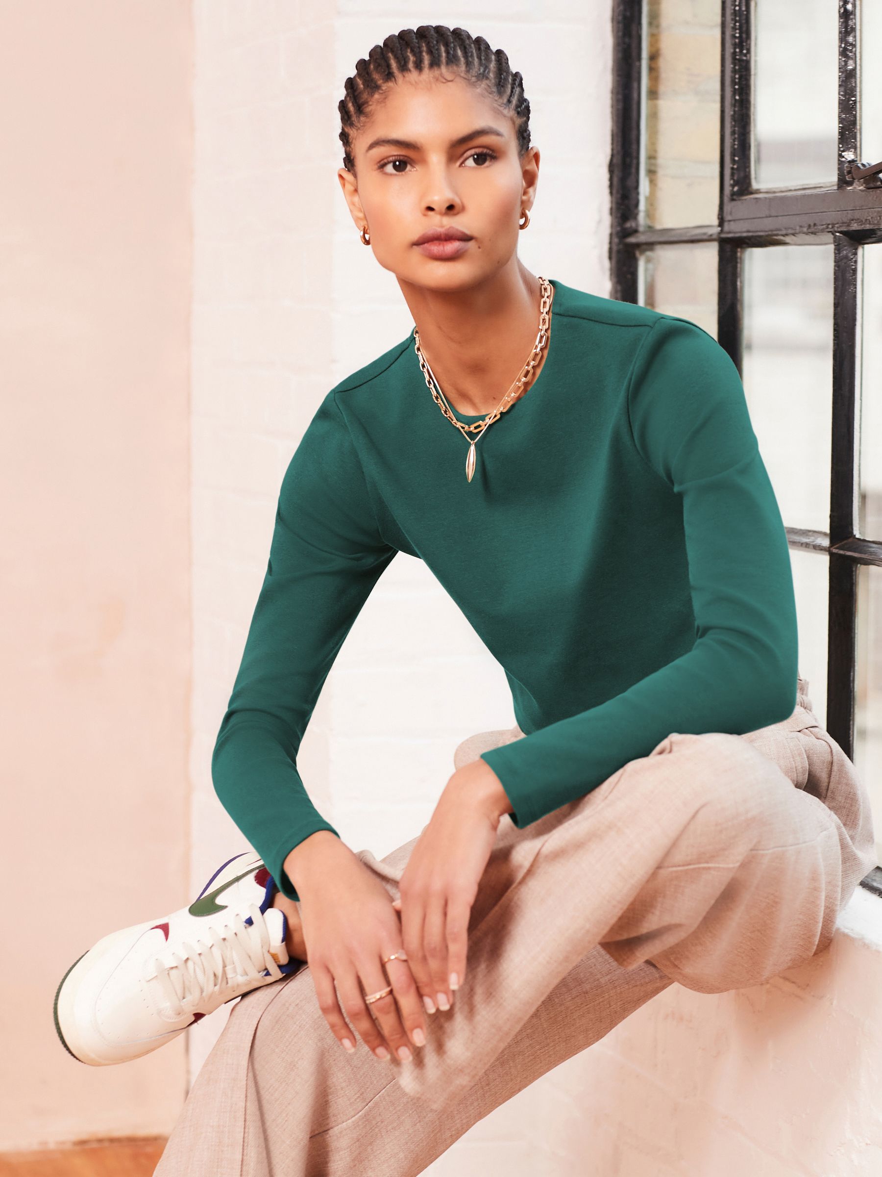 Buy Green Double Layer Ribbed Long Sleeve Crew Neck Top from Next Luxembourg