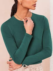 Green Double Layer Ribbed Long Sleeve Crew Neck Top - Image 4 of 6