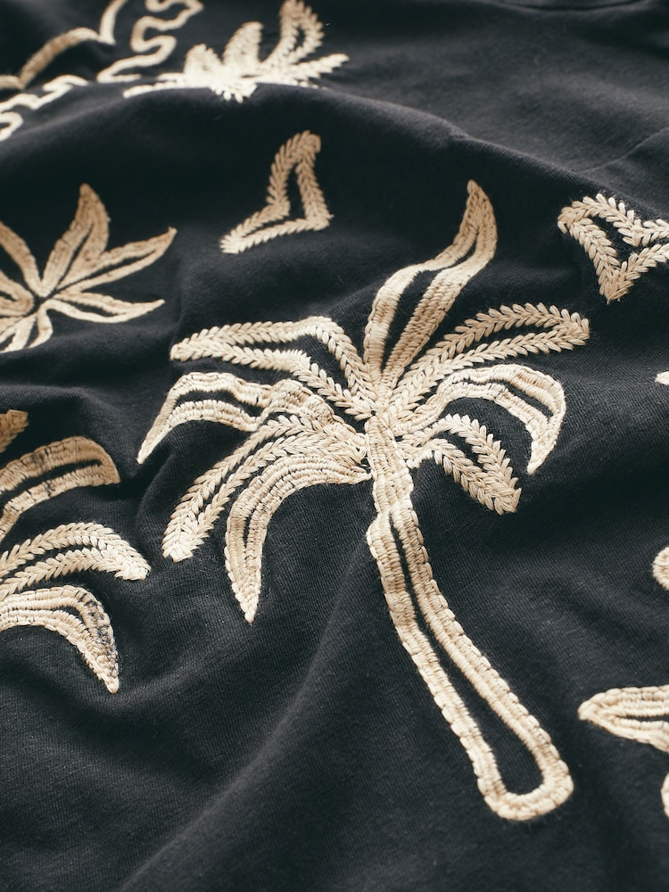 Black and Gold Palm Print Broderie Short Sleeve Top - Image 6 of 6