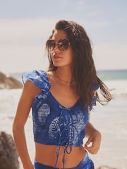 Blau - Vorne geschnürte Bluse mit Puffärmeln - Bild 1 von 6