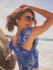 Blau - Vorne geschnürte Bluse mit Puffärmeln - Bild 3 von 6