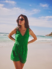 Green V-Neck Crochet Playsuit - Image 1 of 6