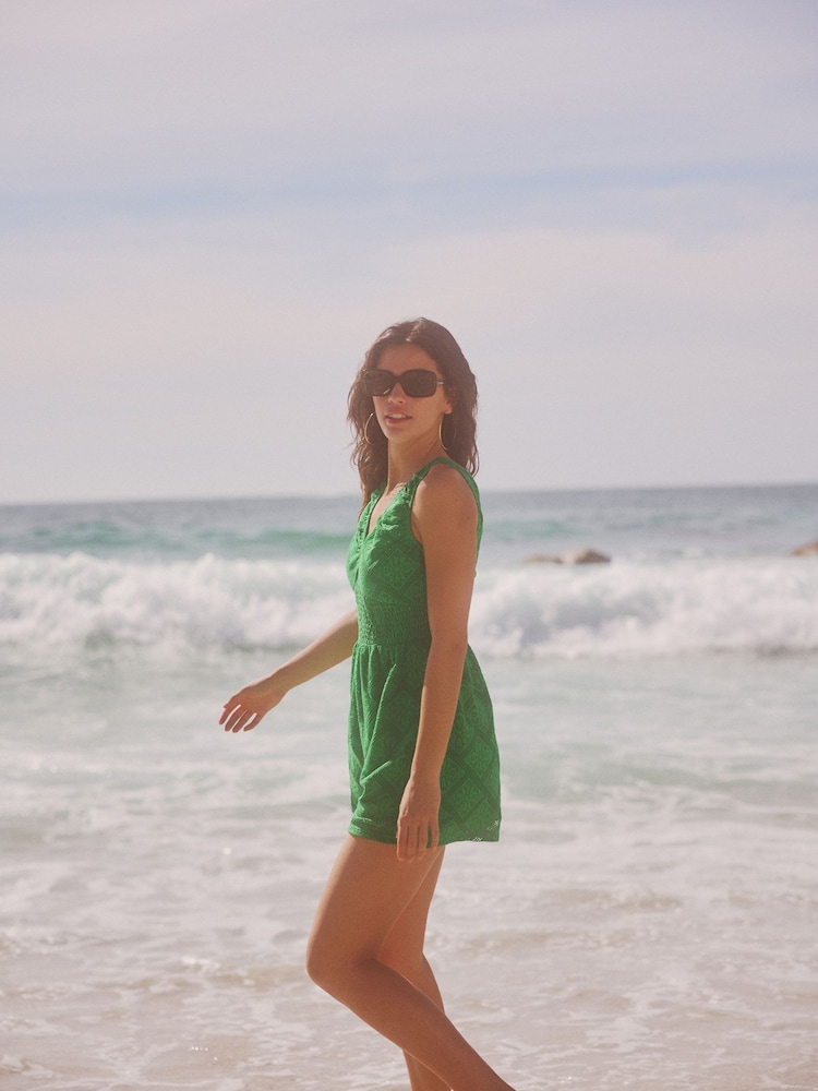 Green V-Neck Crochet Playsuit - Image 2 of 6