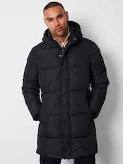 Threadbare Black Showerproof Hooded Waterproof Longline Puffer Coat - Image 1 of 5