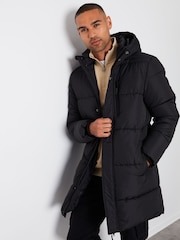 Threadbare Black Showerproof Hooded Waterproof Longline Puffer Coat - Image 2 of 5