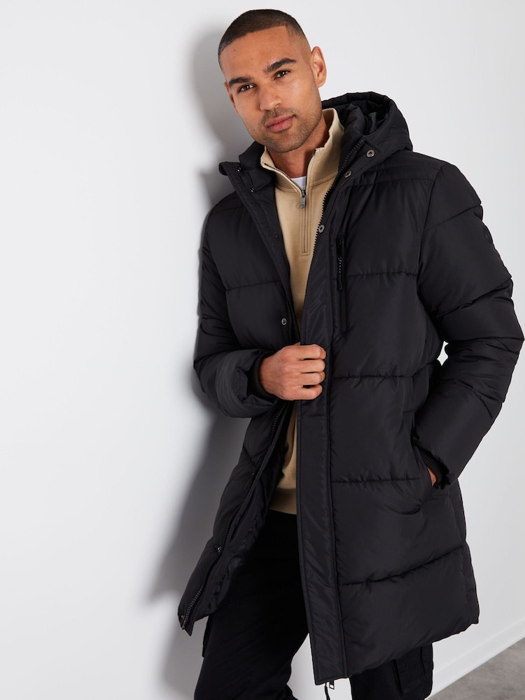 Threadbare Black Showerproof Hooded Waterproof Longline Puffer Coat - Image 2 of 5