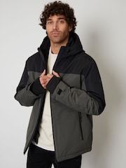 Threadbare Black/Khaki Green Showerproof Microfleece Lined Hooded Two-Tone Ski Jacket - Image 1 of 5