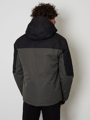 Threadbare Black/Khaki Green Showerproof Microfleece Lined Hooded Two-Tone Ski Jacket - Image 2 of 5