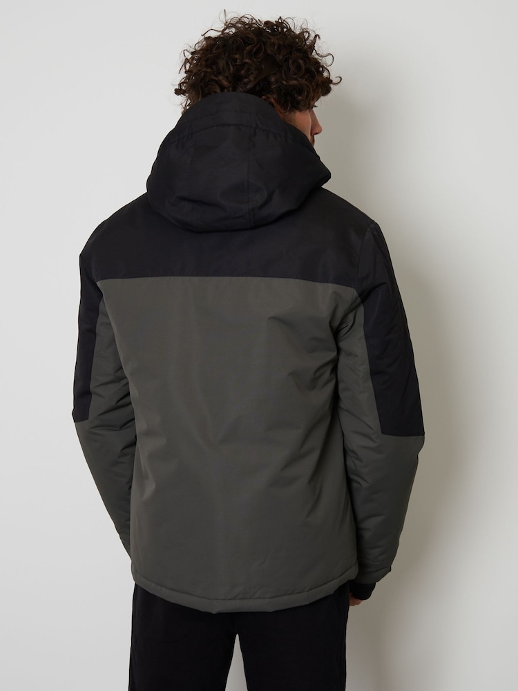 Threadbare Black/Khaki Green Showerproof Microfleece Lined Hooded Two-Tone Ski Jacket - Image 2 of 5