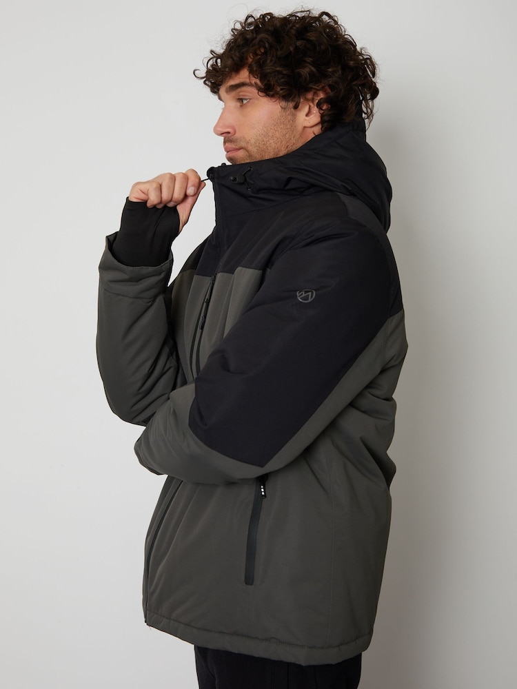 Threadbare Black/Khaki Green Showerproof Microfleece Lined Hooded Two-Tone Ski Jacket - Image 3 of 5