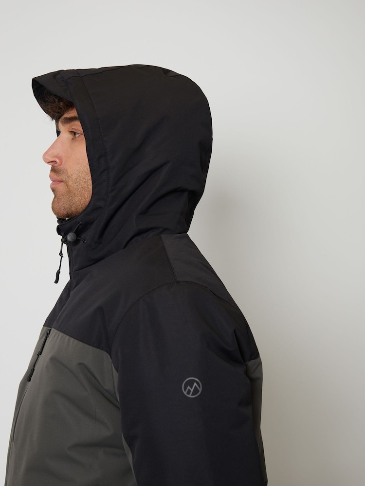 Threadbare Black/Khaki Green Showerproof Microfleece Lined Hooded Two-Tone Ski Jacket - Image 4 of 5