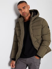 Threadbare khaki Green Showerproof Four Pocket Hooded Puffer Jacket - Image 1 of 4