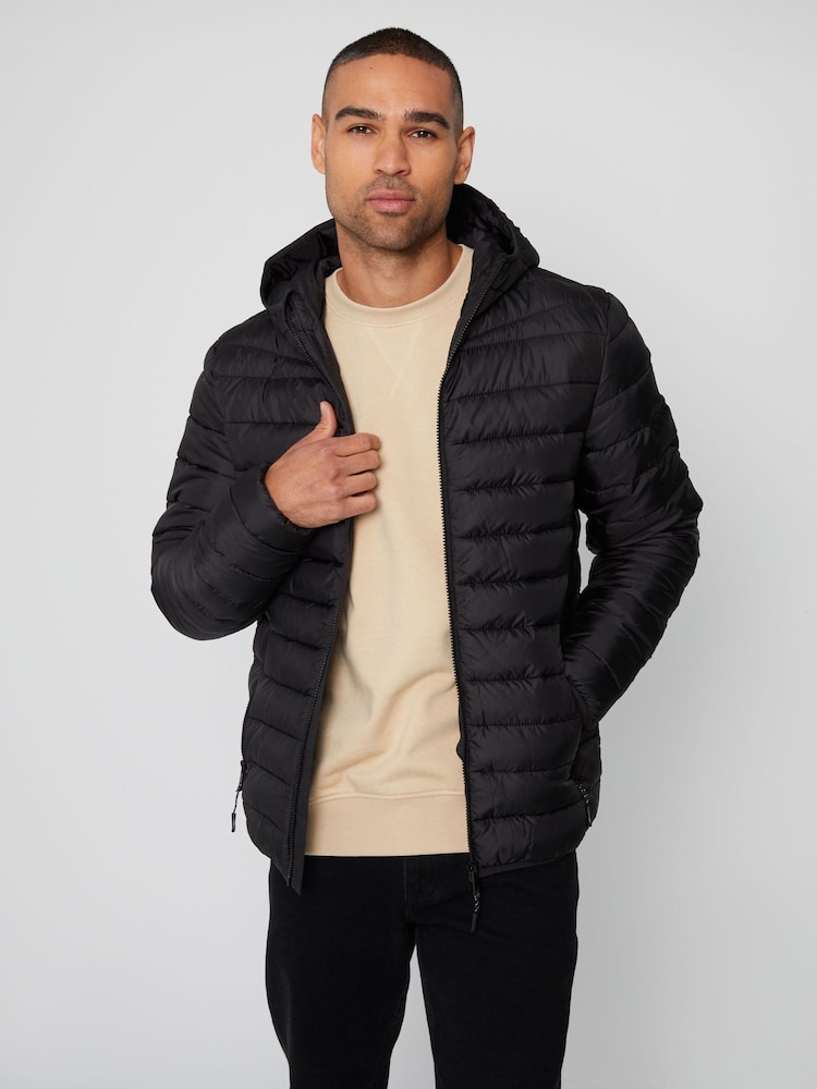Threadbare Black Matte Finish Padded Showerproof Hooded Jacket - Image 1 of 4
