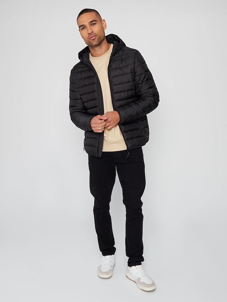 Threadbare Black Matte Finish Padded Showerproof Hooded Jacket - Image 3 of 4