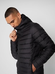 Threadbare Black Matte Finish Padded Showerproof Hooded Jacket - Image 4 of 4