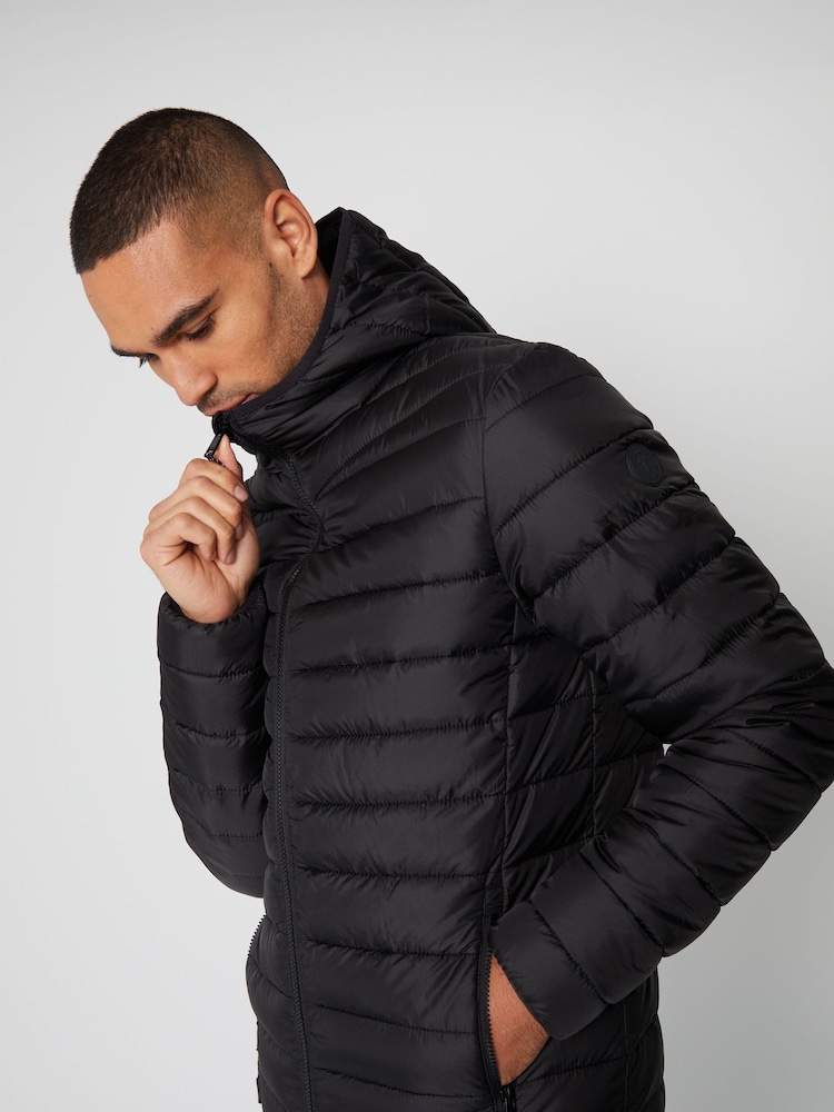 Threadbare Black Matte Finish Padded Showerproof Hooded Jacket - Image 4 of 4