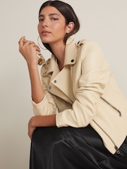 Cream Faux Leather Biker Jacket - Image 4 of 9