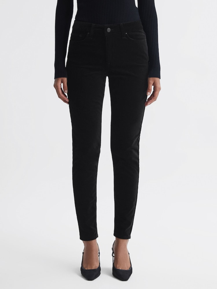 Reiss Black Lux Velvet Mid Rise Skinny Jeans - Image 1 of 5