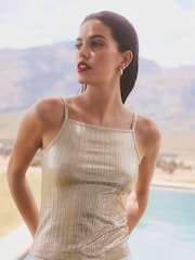 Gold Metallic Square Neck Ribbed Cami Top - Image 1 of 7