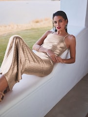 Metallic Gold Square Neck Ribbed Cami Dress - Image 1 of 6