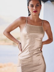 Metallic Gold Square Neck Ribbed Cami Dress - Image 4 of 6