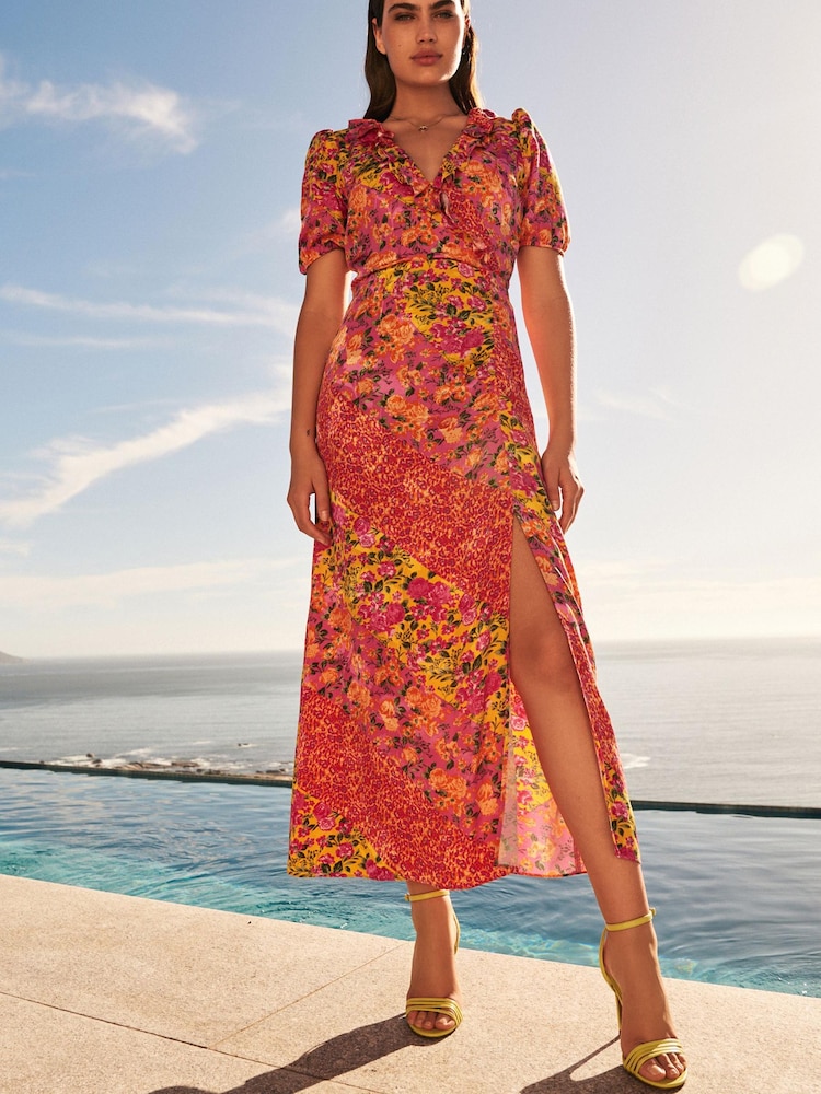 Pink/Yellow Floral Satin Jacquard Wrap Midi Dress - Image 1 of 4 Pink/Yellow Floral Satin Jacquard Wrap Midi Dress - Image 1 of 4
