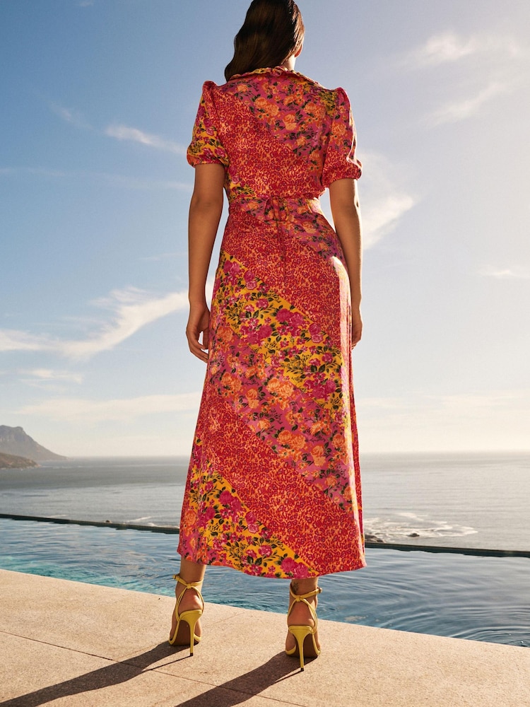 Pink/Yellow Floral Satin Jacquard Wrap Midi Dress - Image 2 of 4 Pink/Yellow Floral Satin Jacquard Wrap Midi Dress - Image 2 of 4