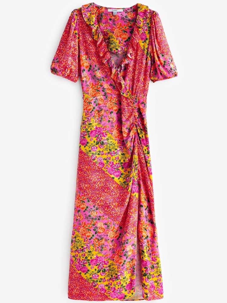 Pink/Yellow Floral Satin Jacquard Wrap Midi Dress - Image 4 of 4 Pink/Yellow Floral Satin Jacquard Wrap Midi Dress - Image 4 of 4