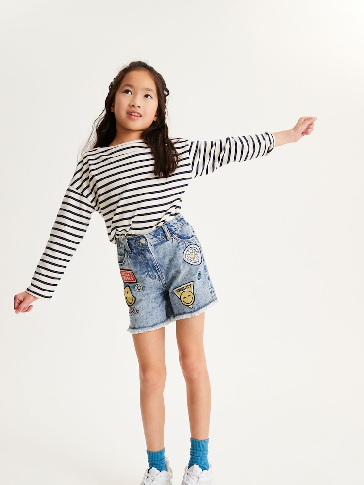 SmileyWorld License Denim Blue Badge Longer Length Frayed Edge Shorts (3-16yrs) - Image 1 of 6